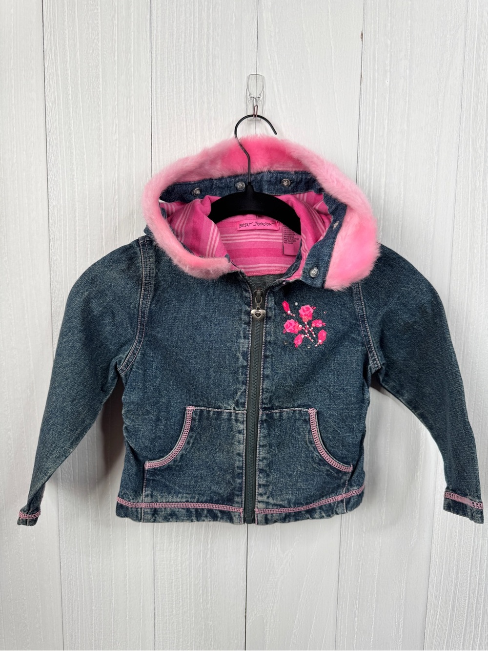 Betsey Johnson Kids Girls Denim Jacket Pink Faux Fur Hood Floral Size 5